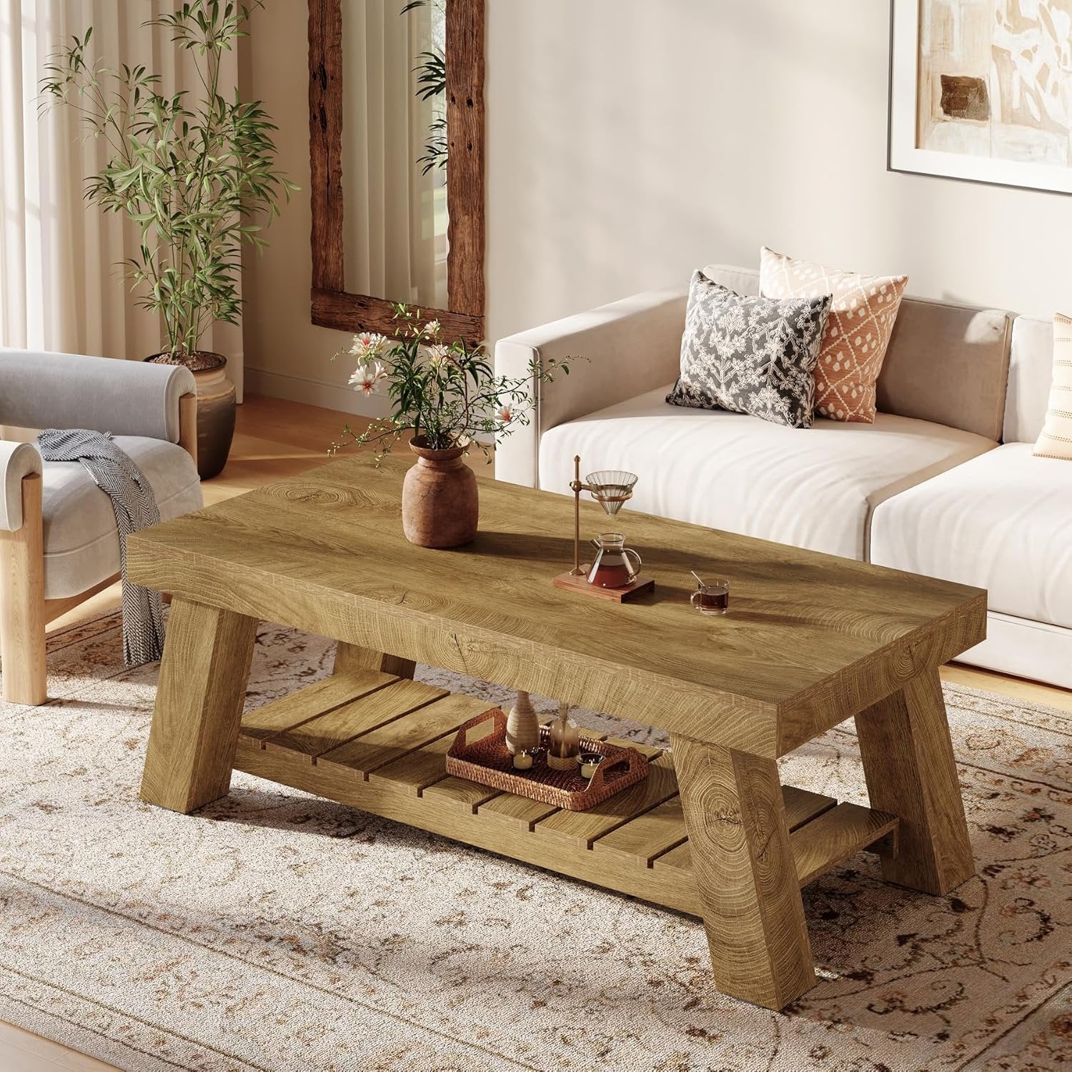 Tribesigns Table basse de style campagnard de 120 cm, Table rectangulaire rustique avec pieds en V pour salon