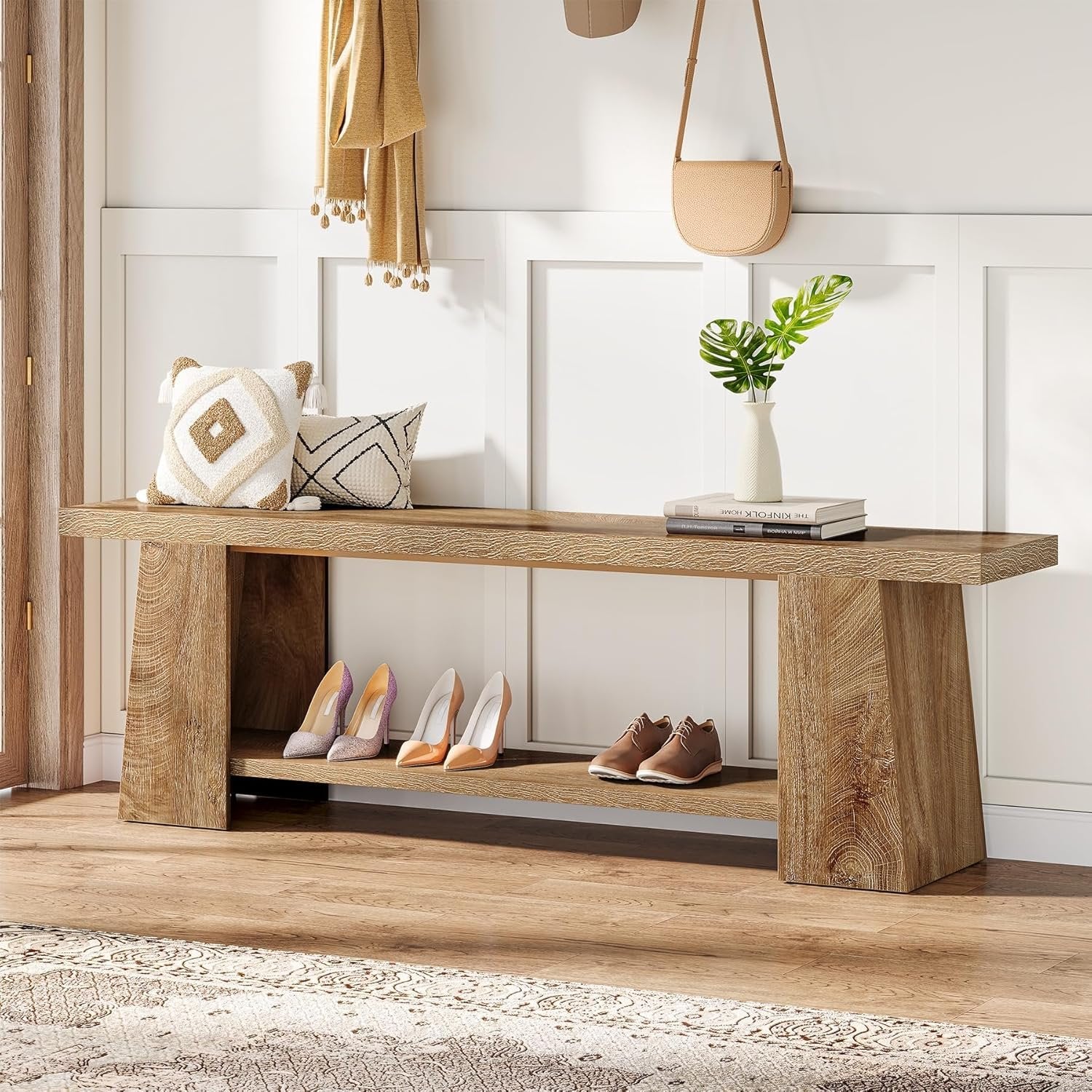 Tribesigns Banc à chaussures 150 cm, Banc à 2 niveaux avec rangement, banc d'entrée extra long en bois, style champêtre