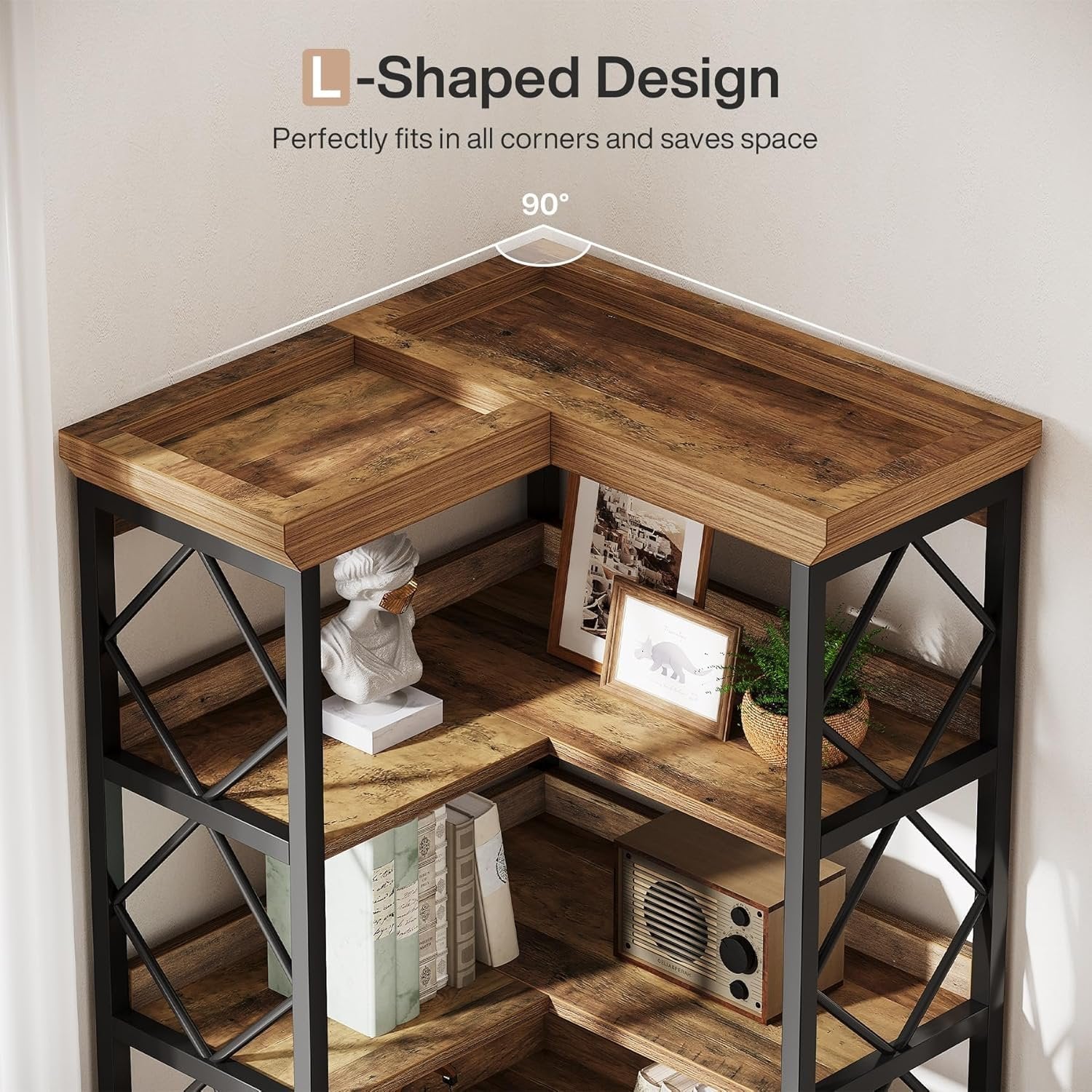 Tribesigns Bibliothèque d'angle, Grande bibliothèque d'angle moderne avec panneau arrière