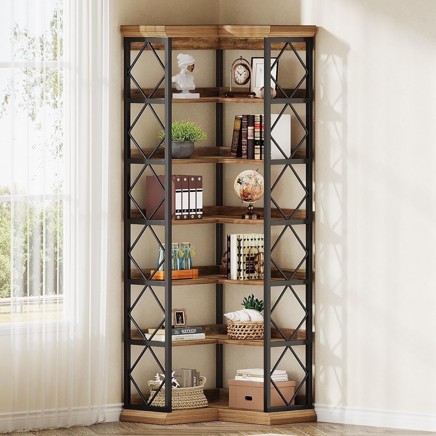 Tribesigns Bibliothèque d'angle, Grande bibliothèque d'angle moderne avec panneau arrière