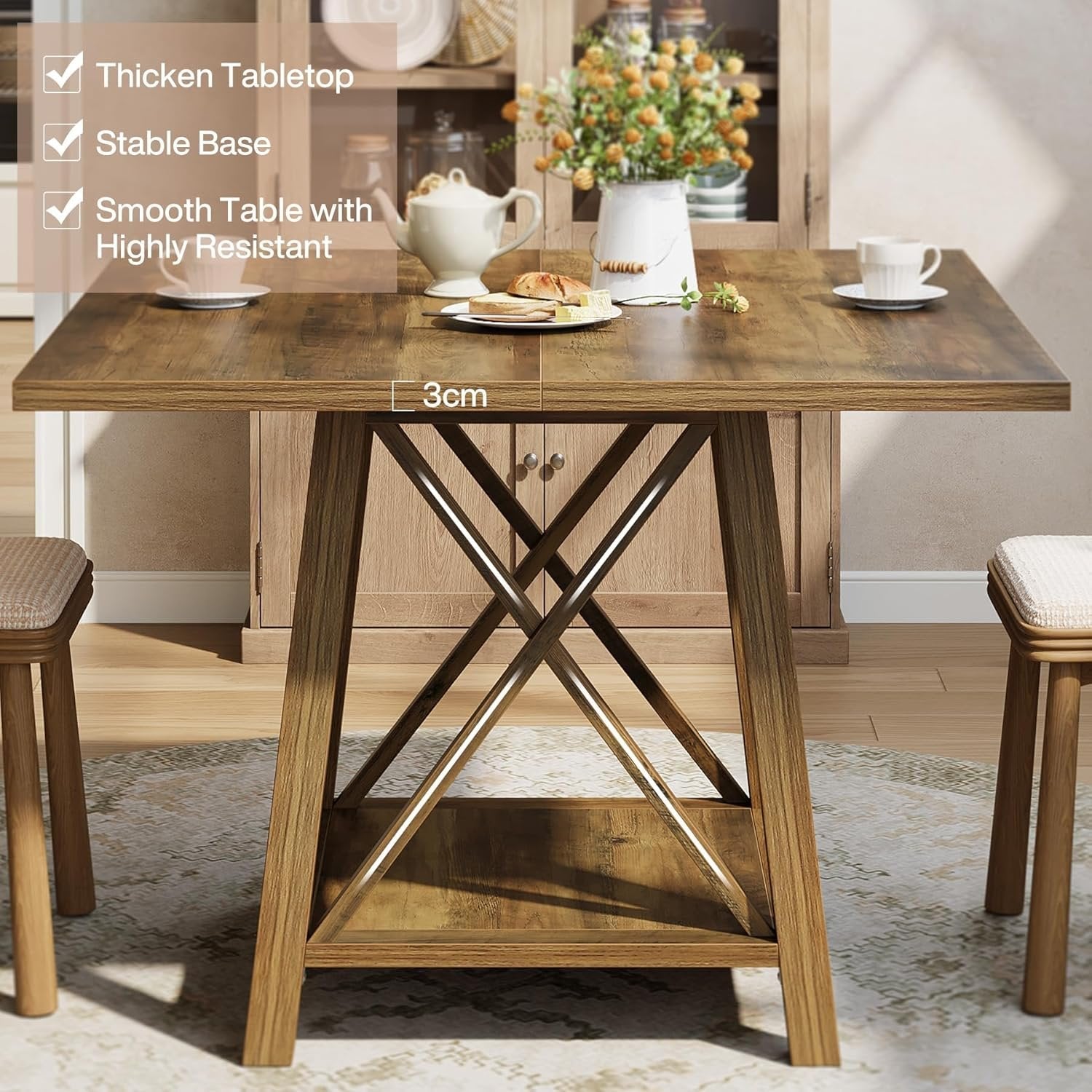 Tribesigns Table de salle à manger carrée pour 4 personnes, Style rustique avec compartiment de rangement