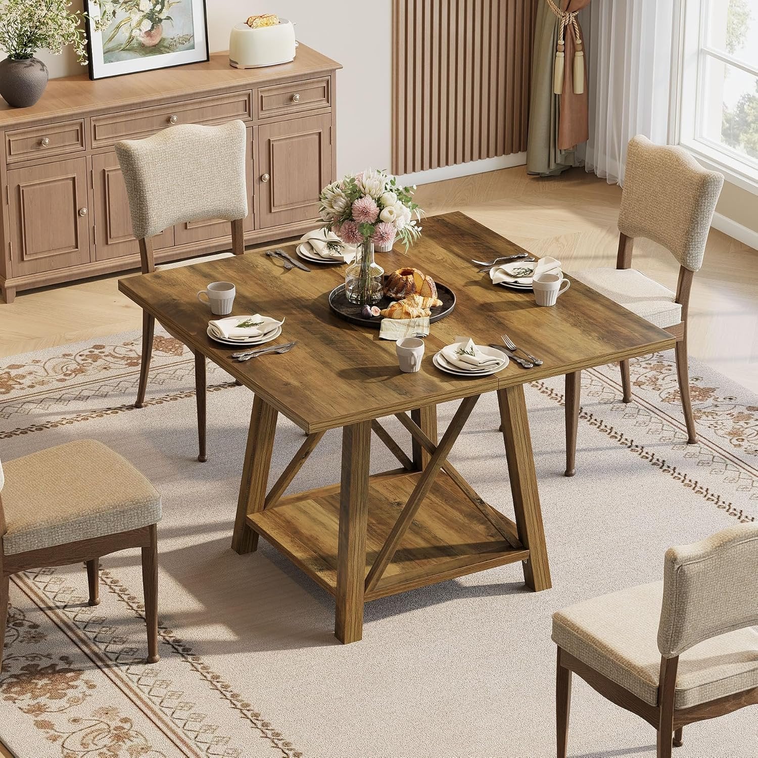 Tribesigns Table de salle à manger carrée pour 4 personnes, Style rustique avec compartiment de rangement