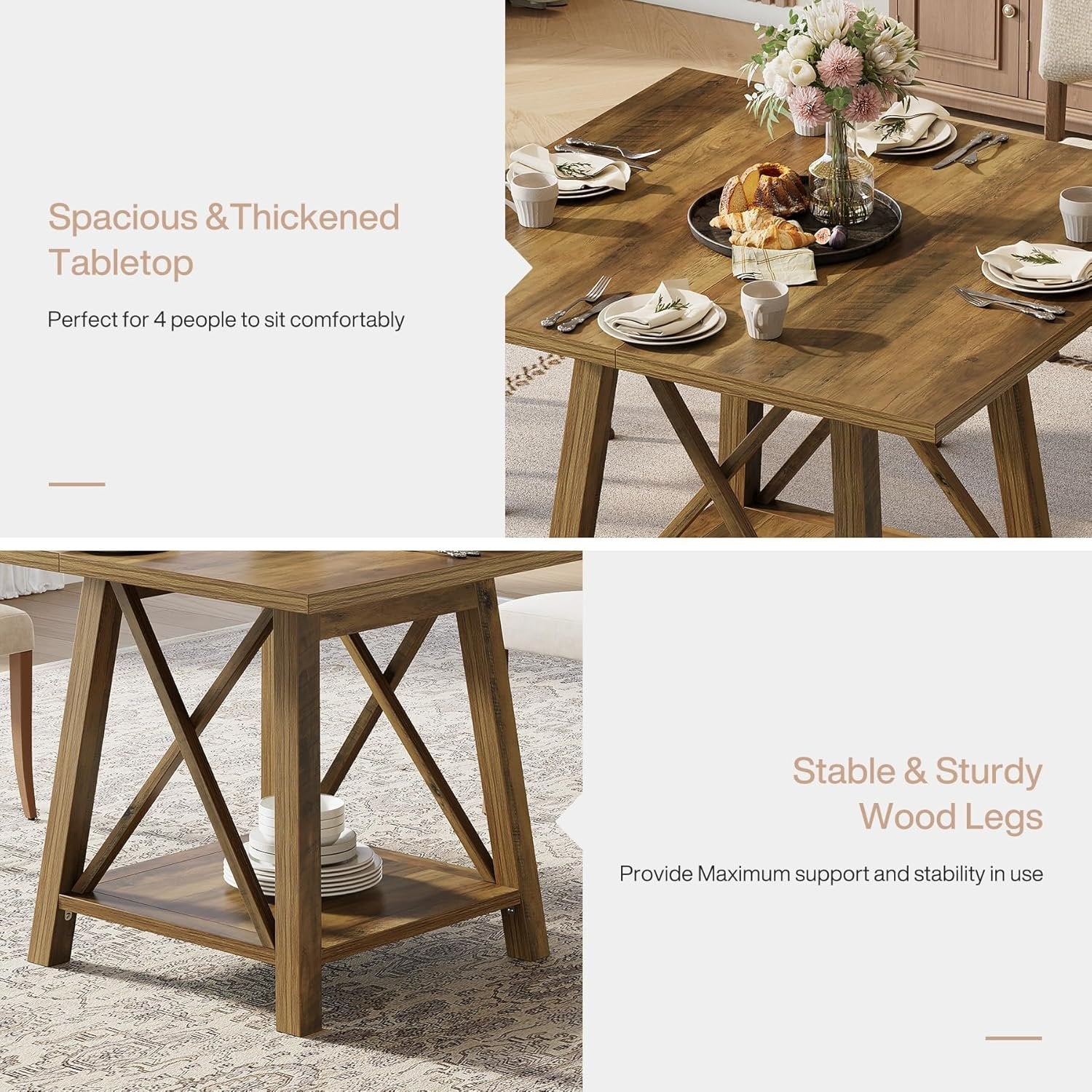 Tribesigns Table de salle à manger carrée pour 4 personnes, Style rustique avec compartiment de rangement