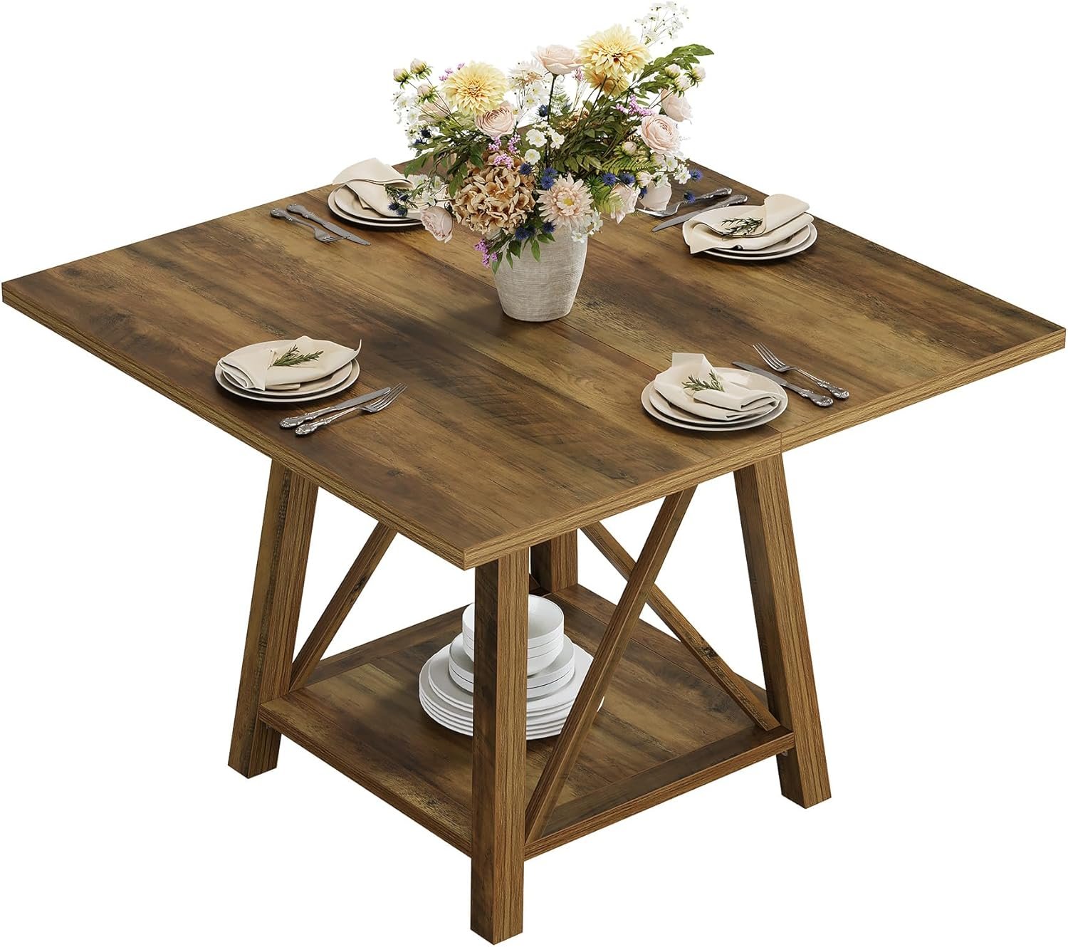 Tribesigns Table de salle à manger carrée pour 4 personnes, Style rustique avec compartiment de rangement