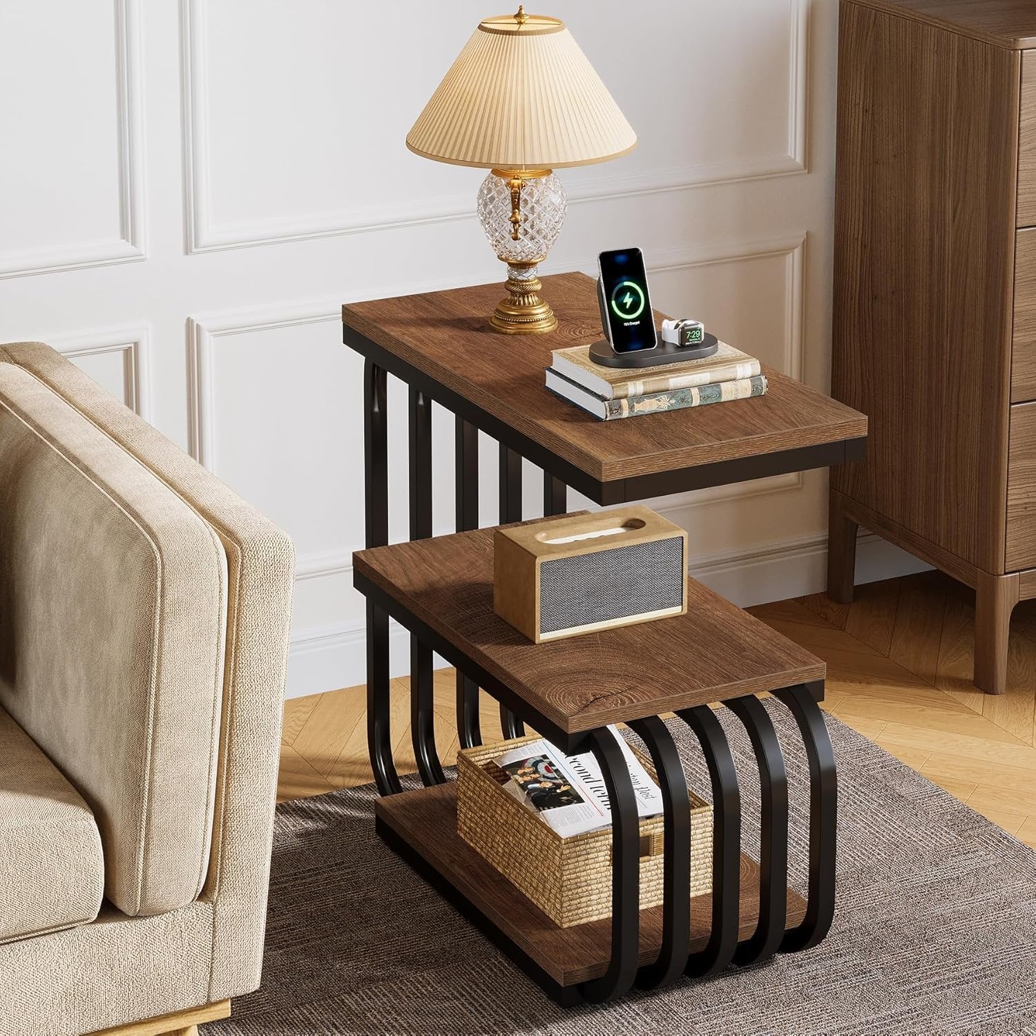 Tribesigns Table d'Appoint Industrielle 3 Niveaux, Étagère Chevet Étroite avec Cadre Métal