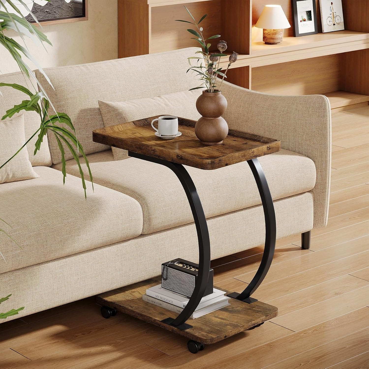 Tribesigns Table d'appoint en forme de C avec roulettes, Petite table basse industrielle à deux niveaux