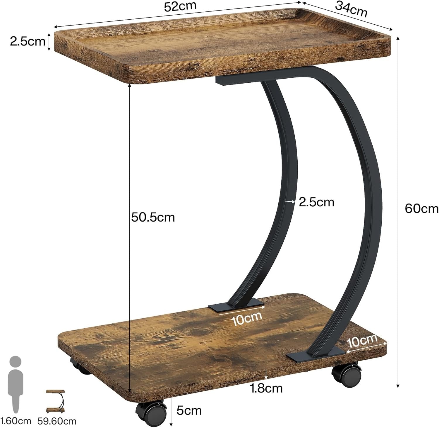 Tribesigns Table d'appoint en forme de C avec roulettes, Petite table basse industrielle à deux niveaux