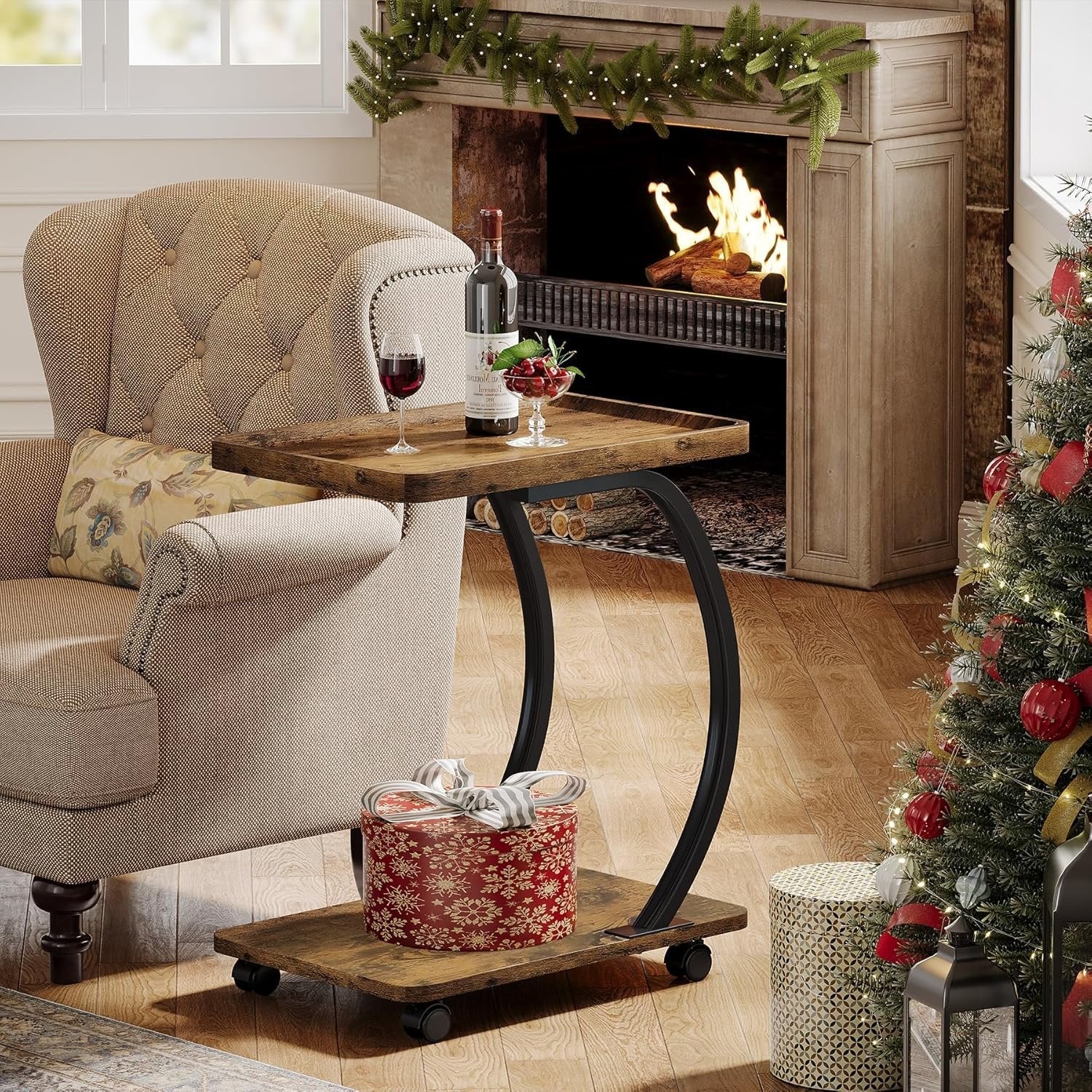 Tribesigns Table d'appoint en forme de C avec roulettes, Petite table basse industrielle à deux niveaux