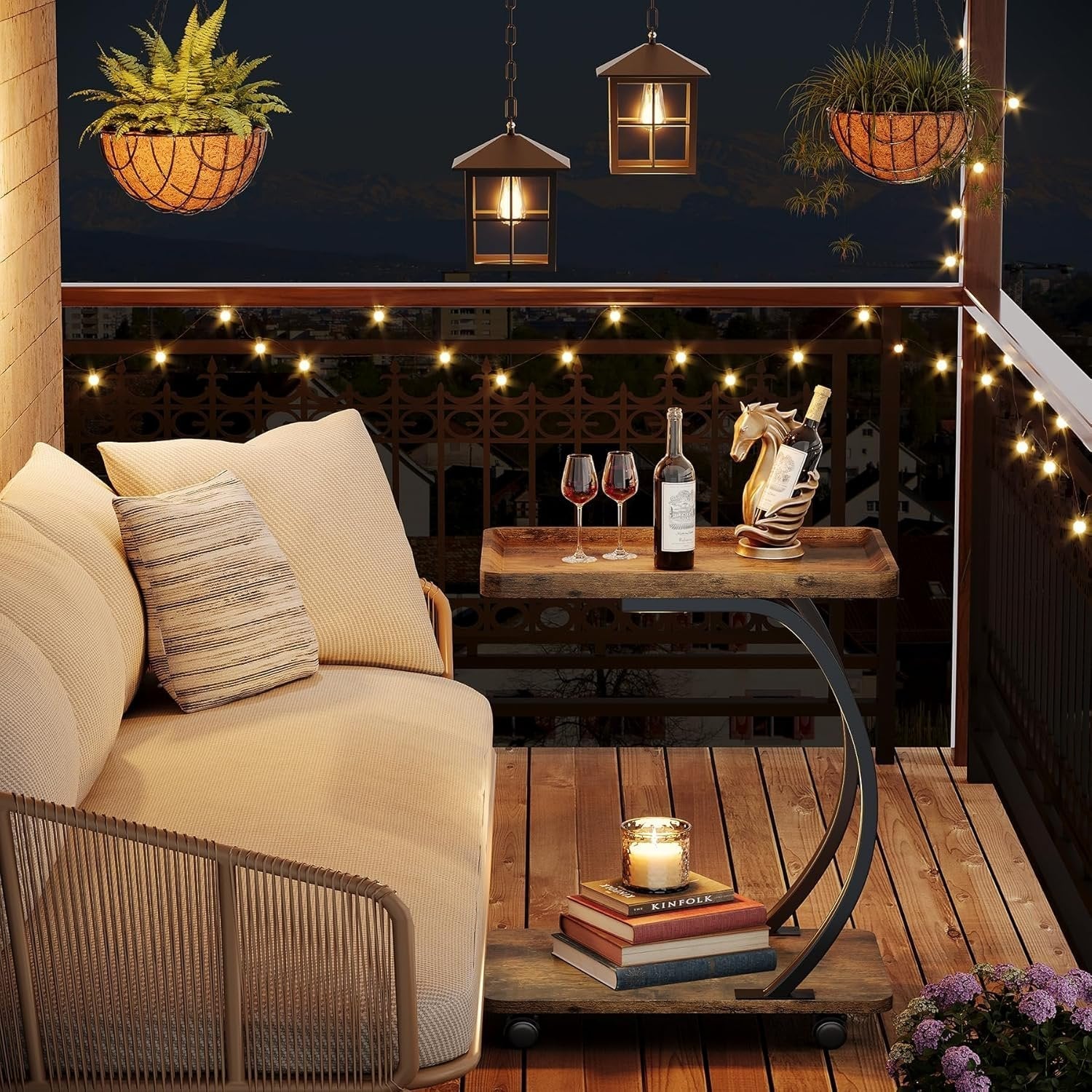 Tribesigns Table d'appoint en forme de C avec roulettes, Petite table basse industrielle à deux niveaux