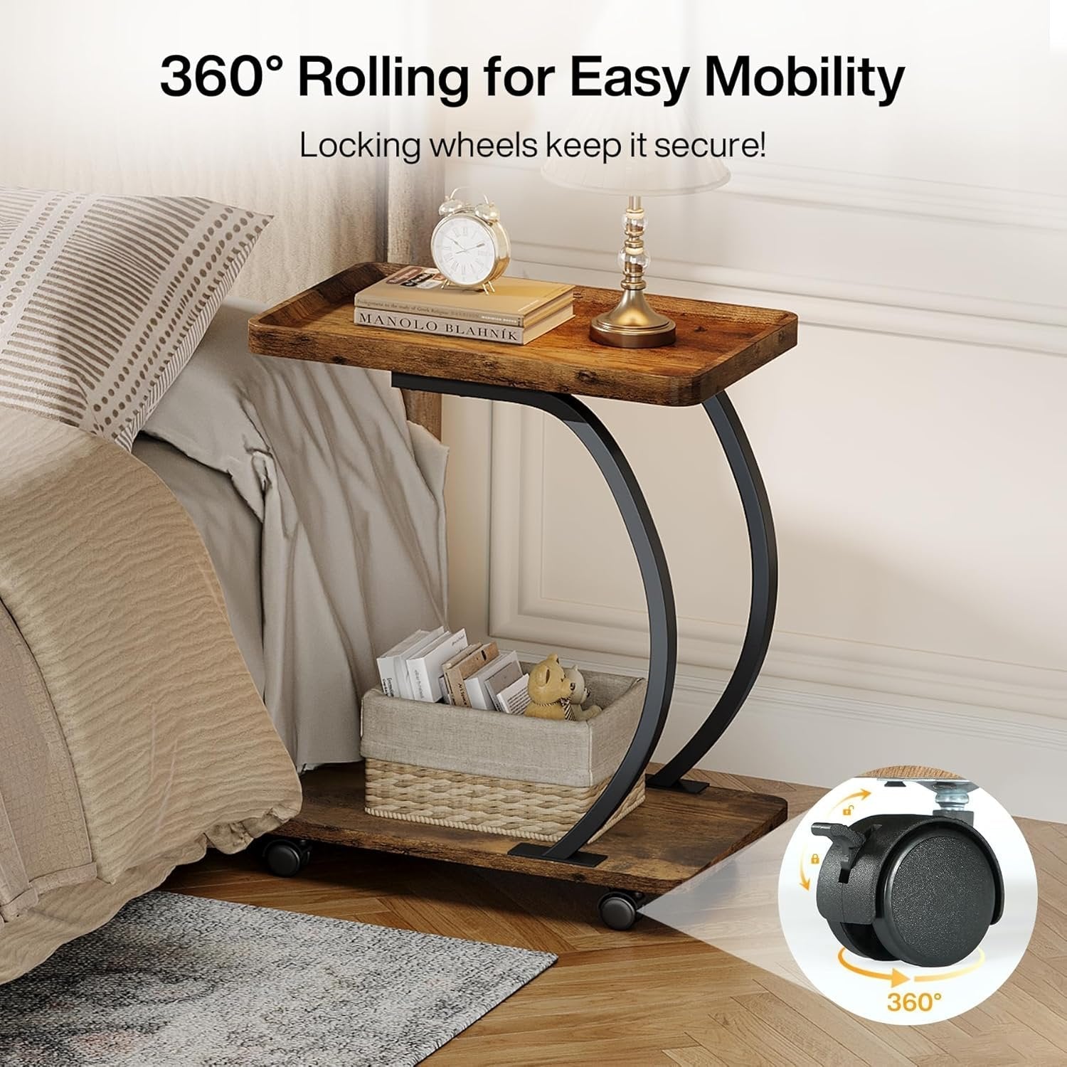 Tribesigns Table d'appoint en forme de C avec roulettes, Petite table basse industrielle à deux niveaux