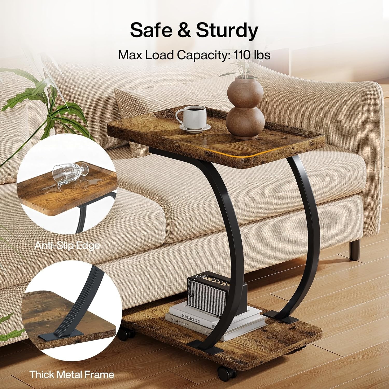 Tribesigns Table d'appoint en forme de C avec roulettes, Petite table basse industrielle à deux niveaux