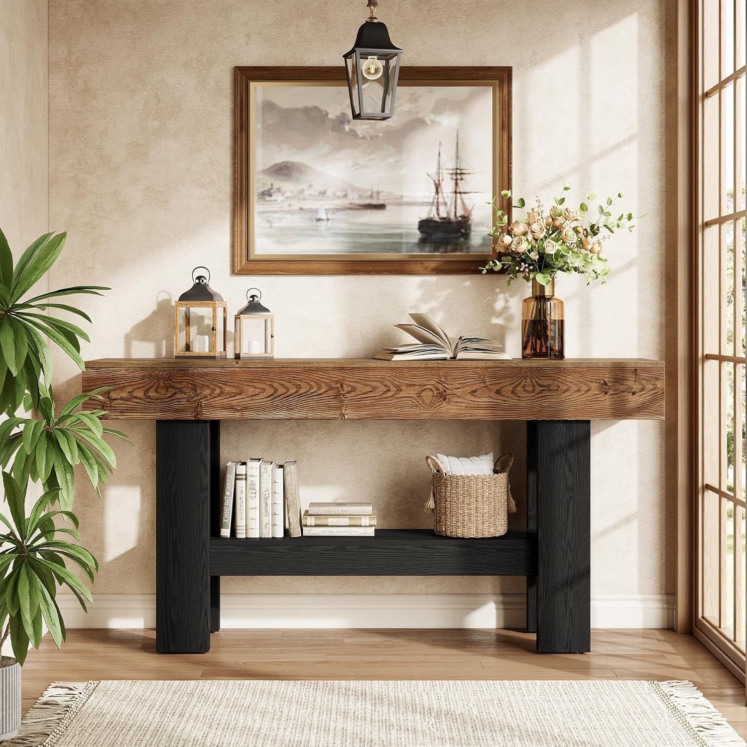 Tribesigns Table Console en Bois Massif, Table Console Entree de 160 cm avec étagère de Rangement