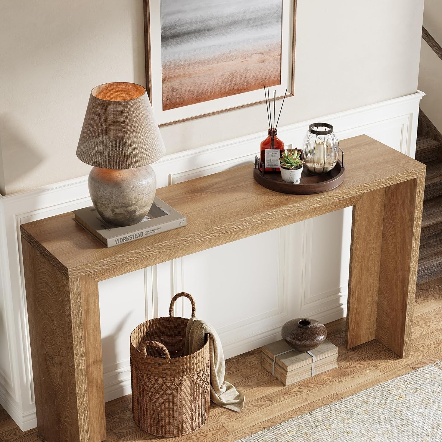Tribesigns Table console de style campagnard de 140 cm avec rangement, Table basse marron rustique