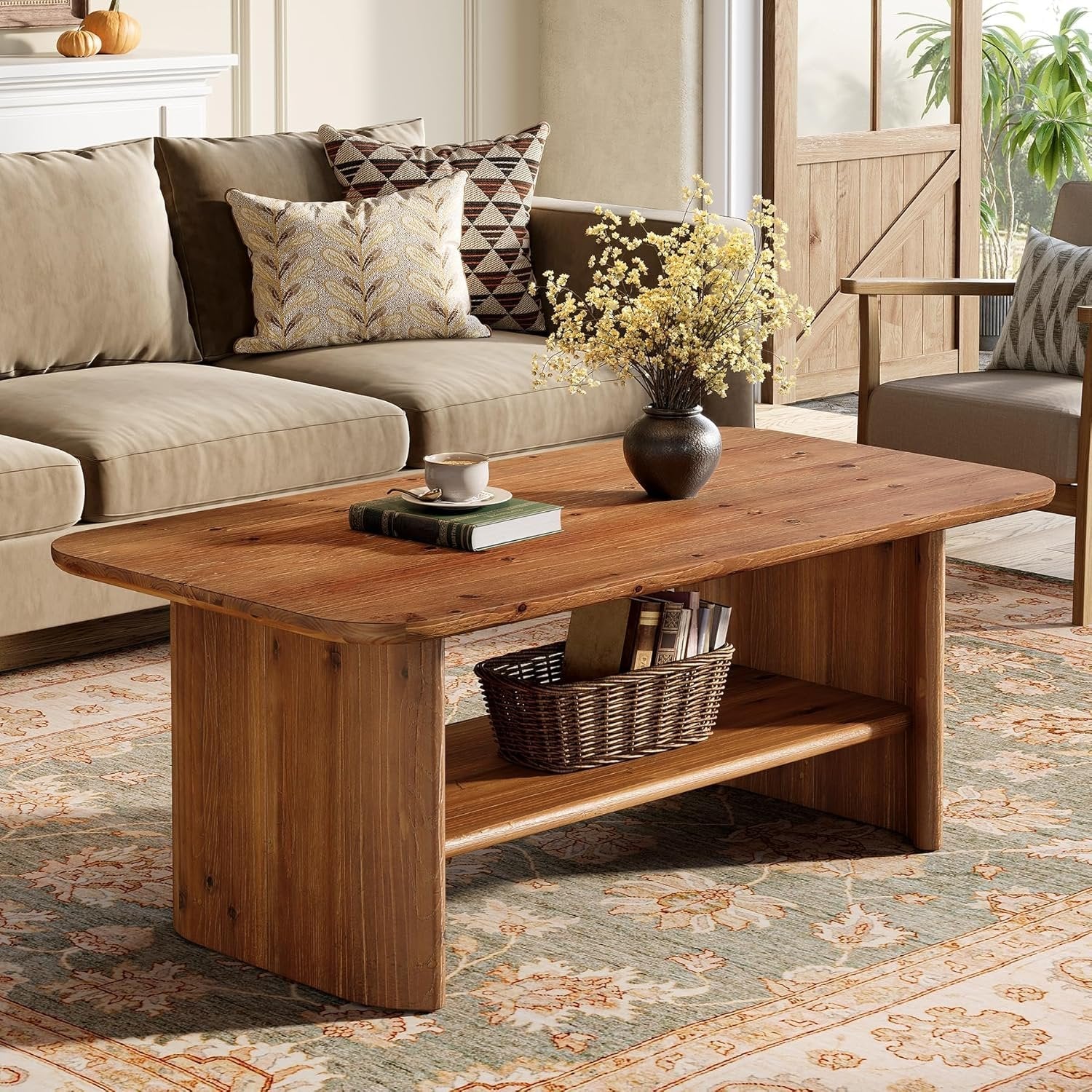 Tribesigns Table basse en bois massif avec espace de rangement, 120 cm de long rectangulaire à 2 niveaux