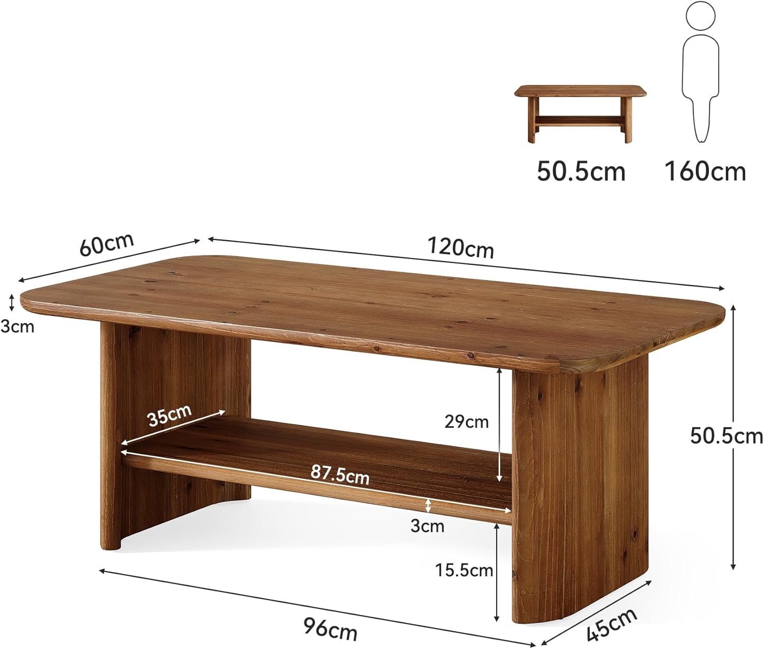 Tribesigns Table basse en bois massif avec espace de rangement, 120 cm de long rectangulaire à 2 niveaux