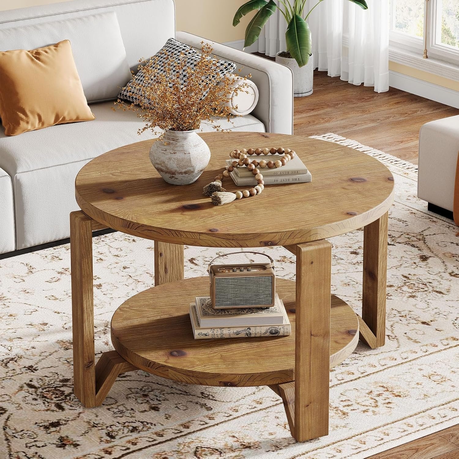 Tribesigns Table basse ronde en bois massif 80 cm 2 niveaux