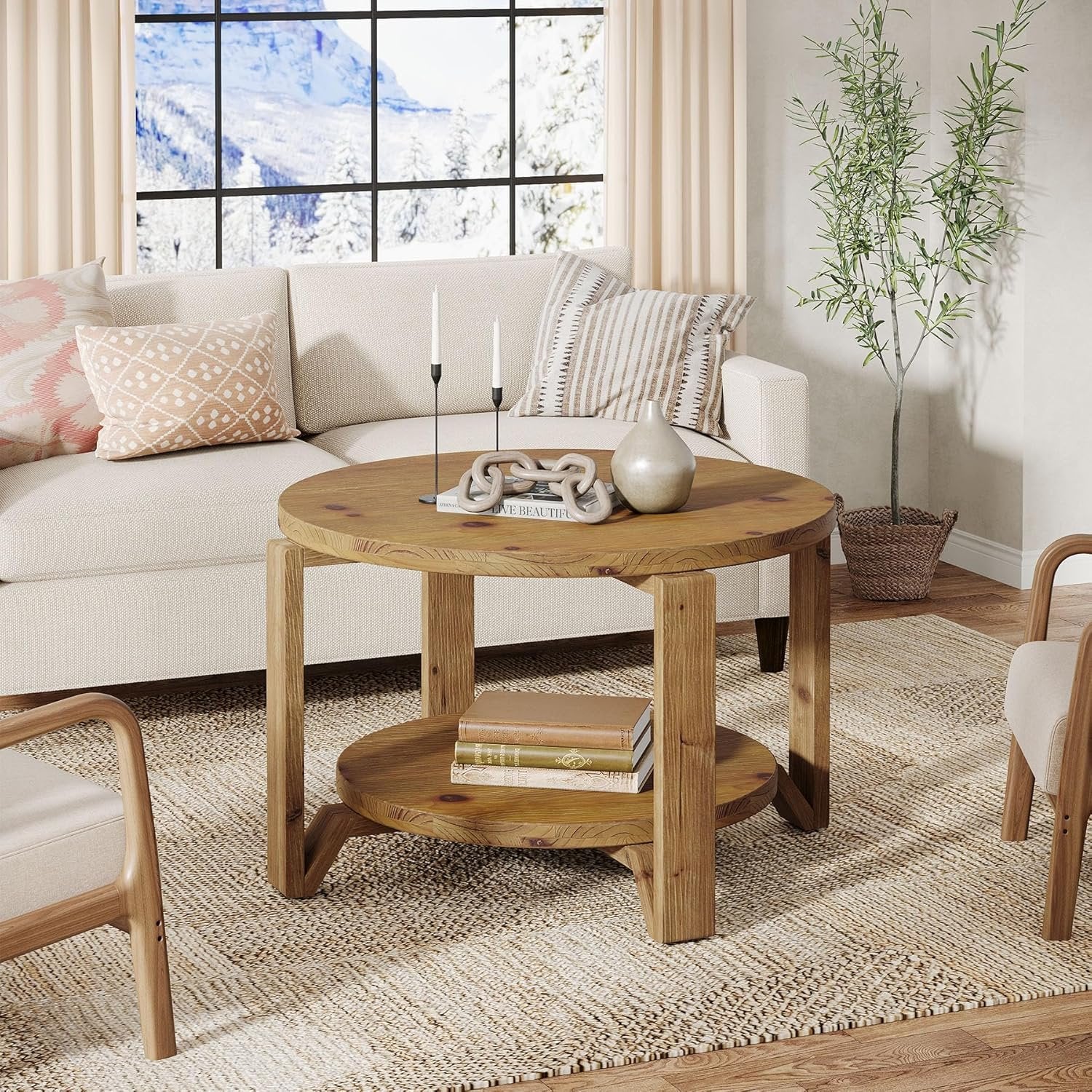 Tribesigns Table basse ronde en bois massif 80 cm 2 niveaux