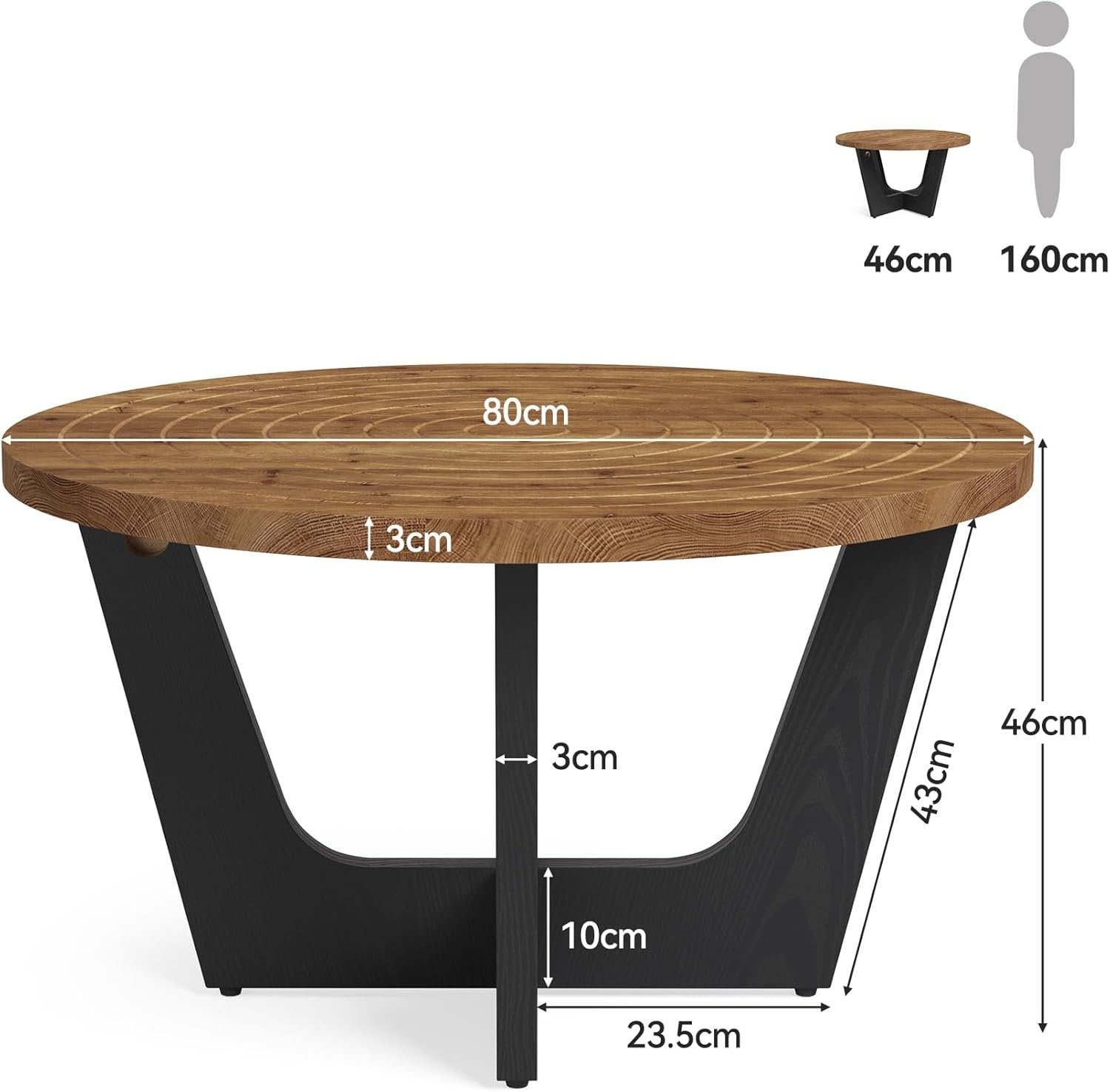 Tribesigns Table basse ronde en bois massif, Style ferme 80 cm petite table basse avec rainure annulaire