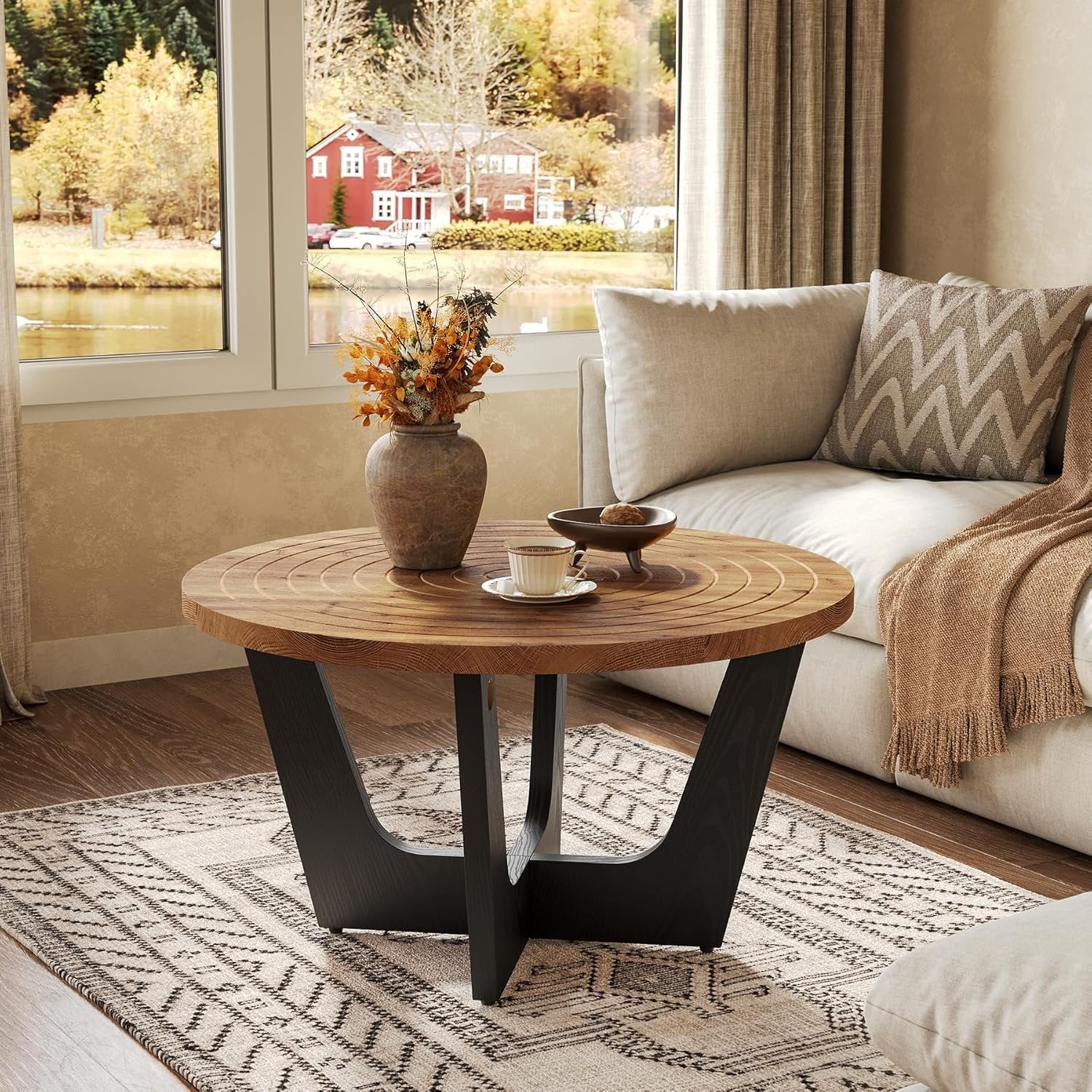 Tribesigns Table basse ronde en bois massif, Style ferme 80 cm petite table basse avec rainure annulaire