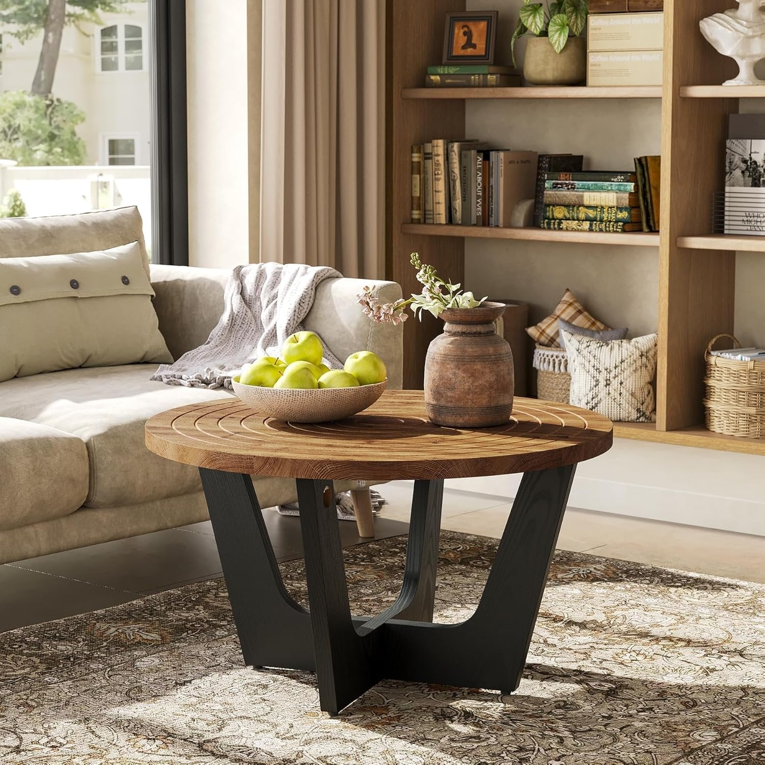 Tribesigns Table basse ronde en bois massif, Style ferme 80 cm petite table basse avec rainure annulaire