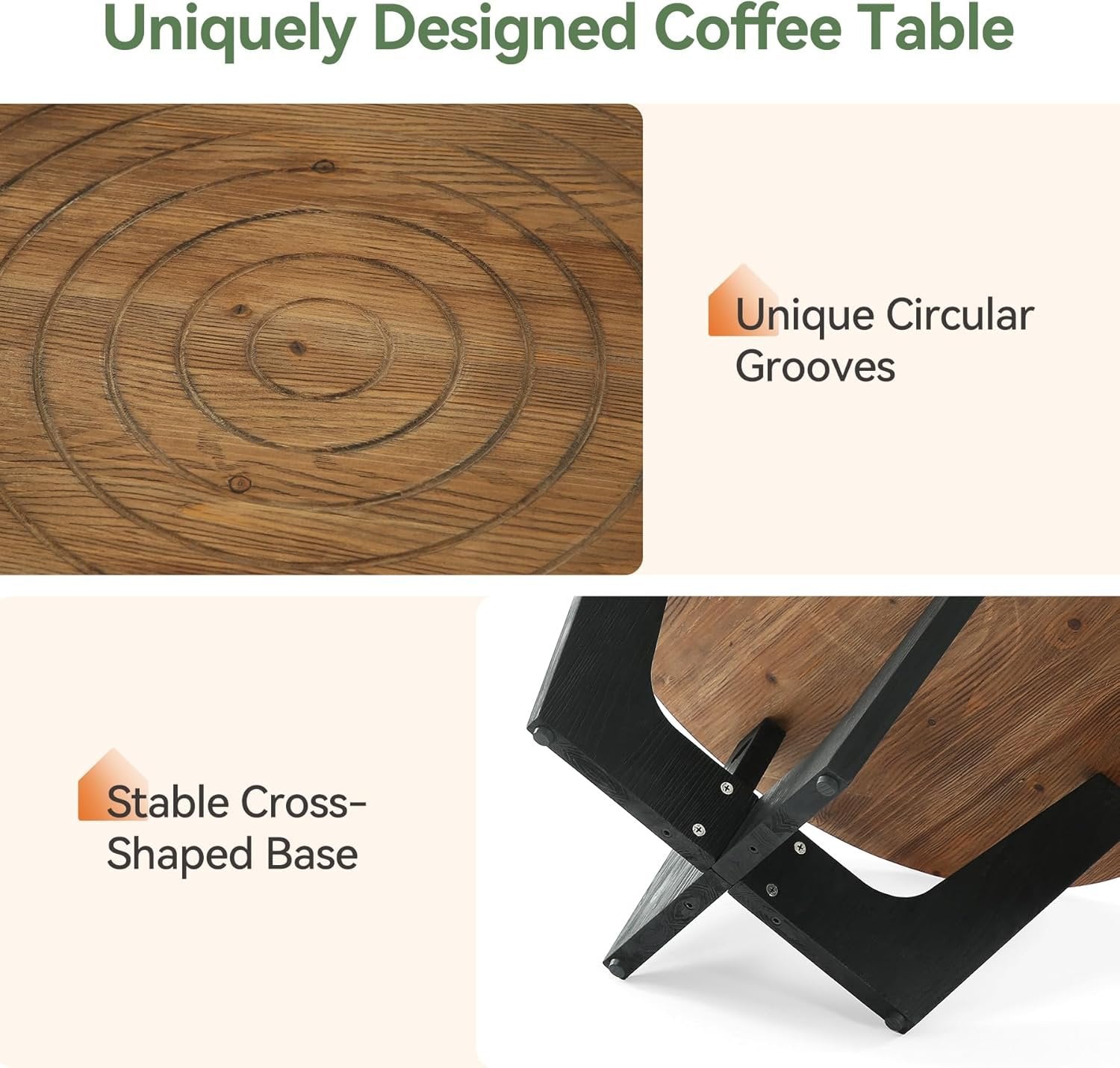 Tribesigns Table basse ronde en bois massif, Style ferme 80 cm petite table basse avec rainure annulaire