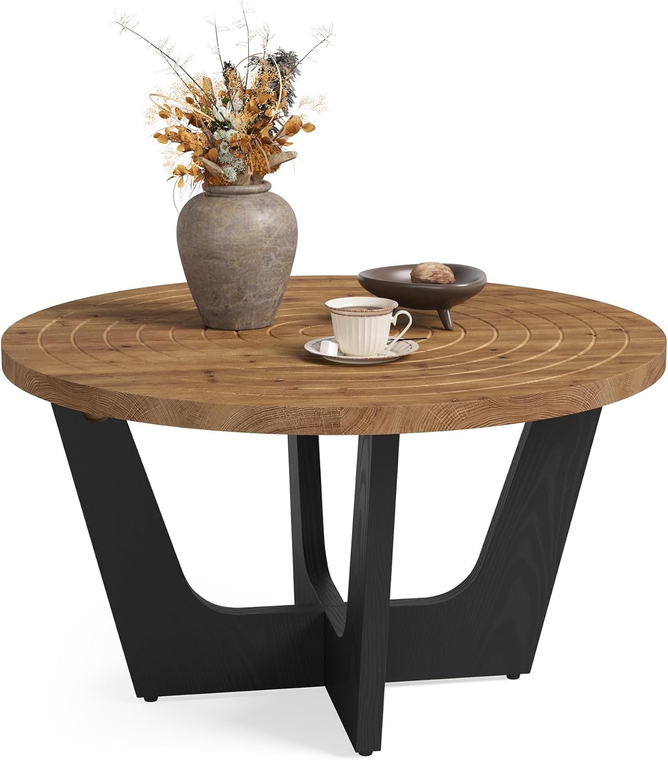 Tribesigns Table basse ronde en bois massif, Style ferme 80 cm petite table basse avec rainure annulaire