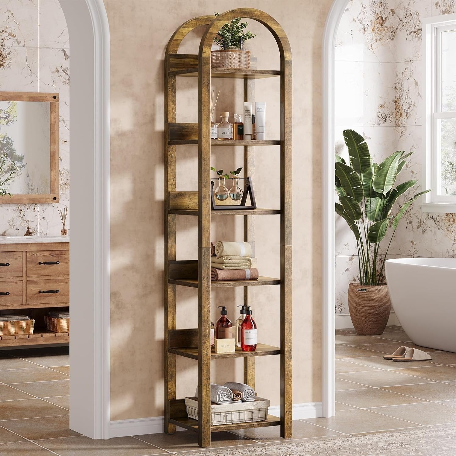 Tribesigns Bibliothèque 6 Niveaux 180cm, Bois Étagère Bibliotheque livre ouverte arqué rack de rangement haut