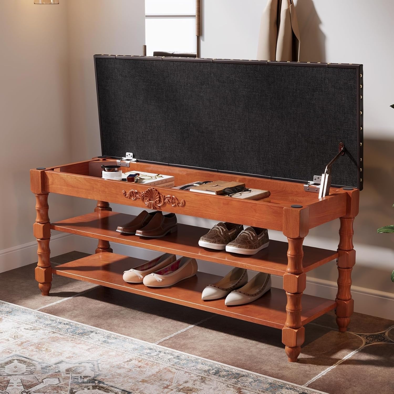 Tribesigns Banc de rangement en bois massif de 100 cm de long avec couvercle à charnières