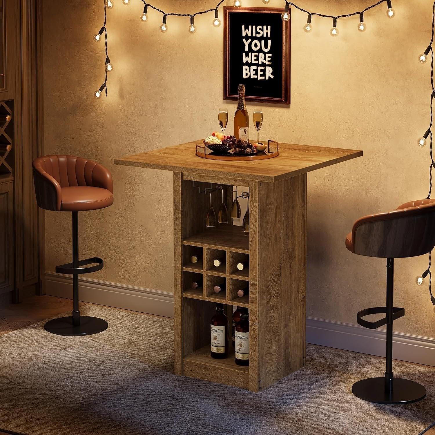 Tribesigns Table de bar en forme de L, Table de bistrot à 3 niveaux avec étagère à vin et support