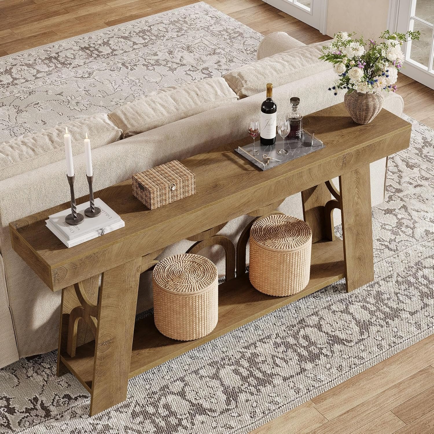 Tribesigns Console de 160 cm, Table étroite en bois avec 2 étagères de rangement