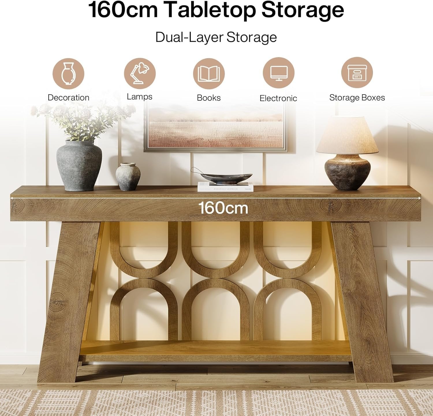 Tribesigns Console de 160 cm, Table étroite en bois avec 2 étagères de rangement