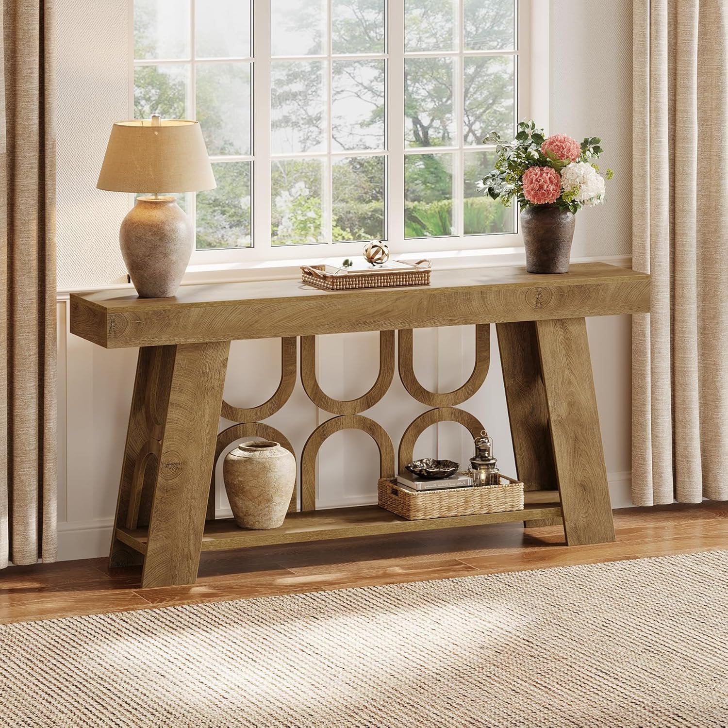 Tribesigns Console de 160 cm, Table étroite en bois avec 2 étagères de rangement