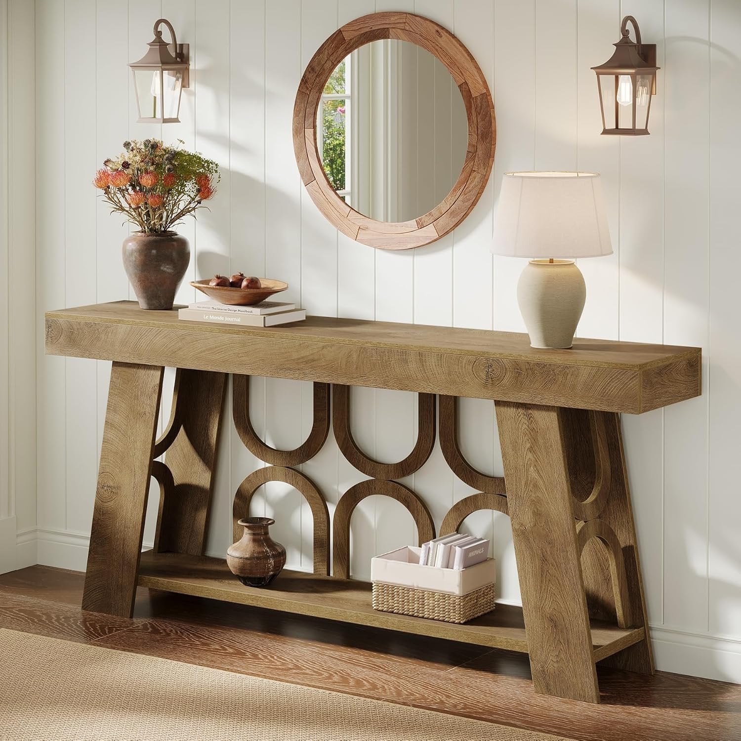 Tribesigns Console de 160 cm, Table étroite en bois avec 2 étagères de rangement