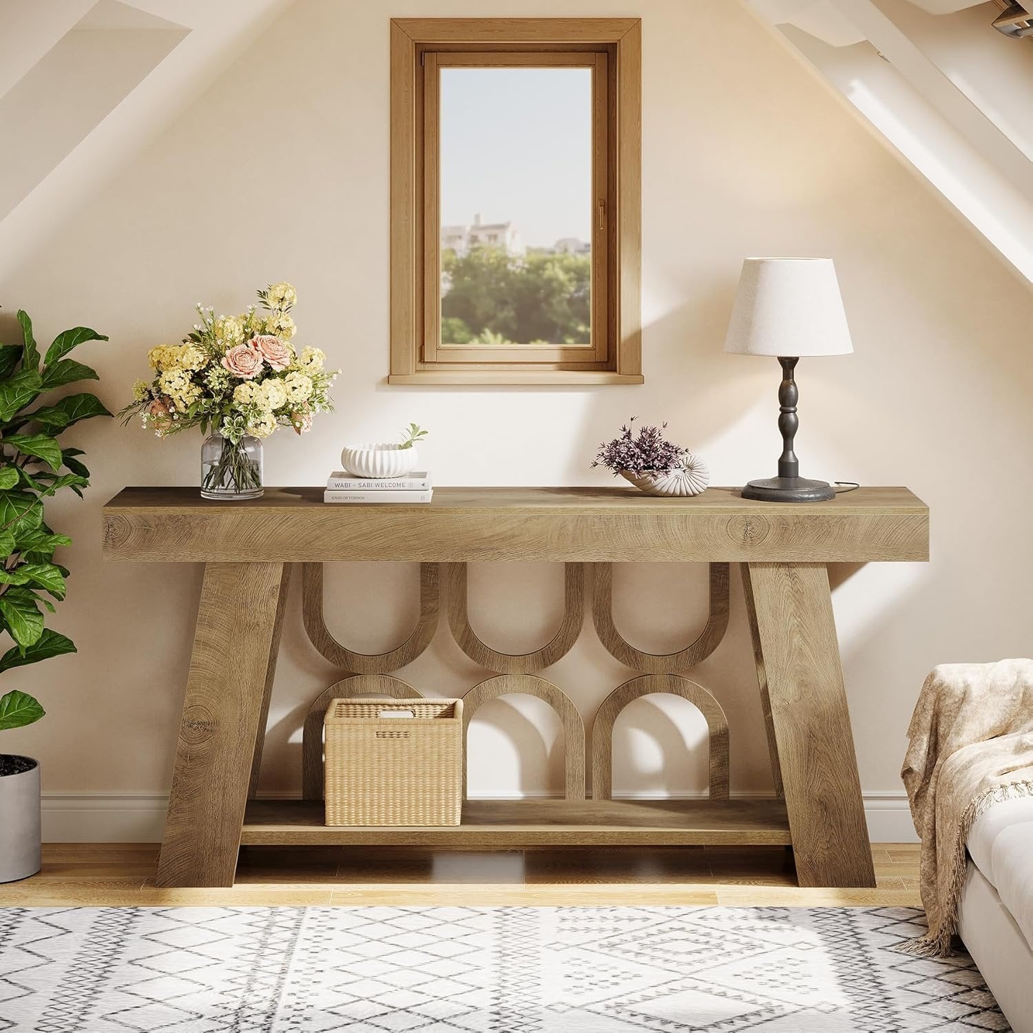 Tribesigns Console de 160 cm, Table étroite en bois avec 2 étagères de rangement