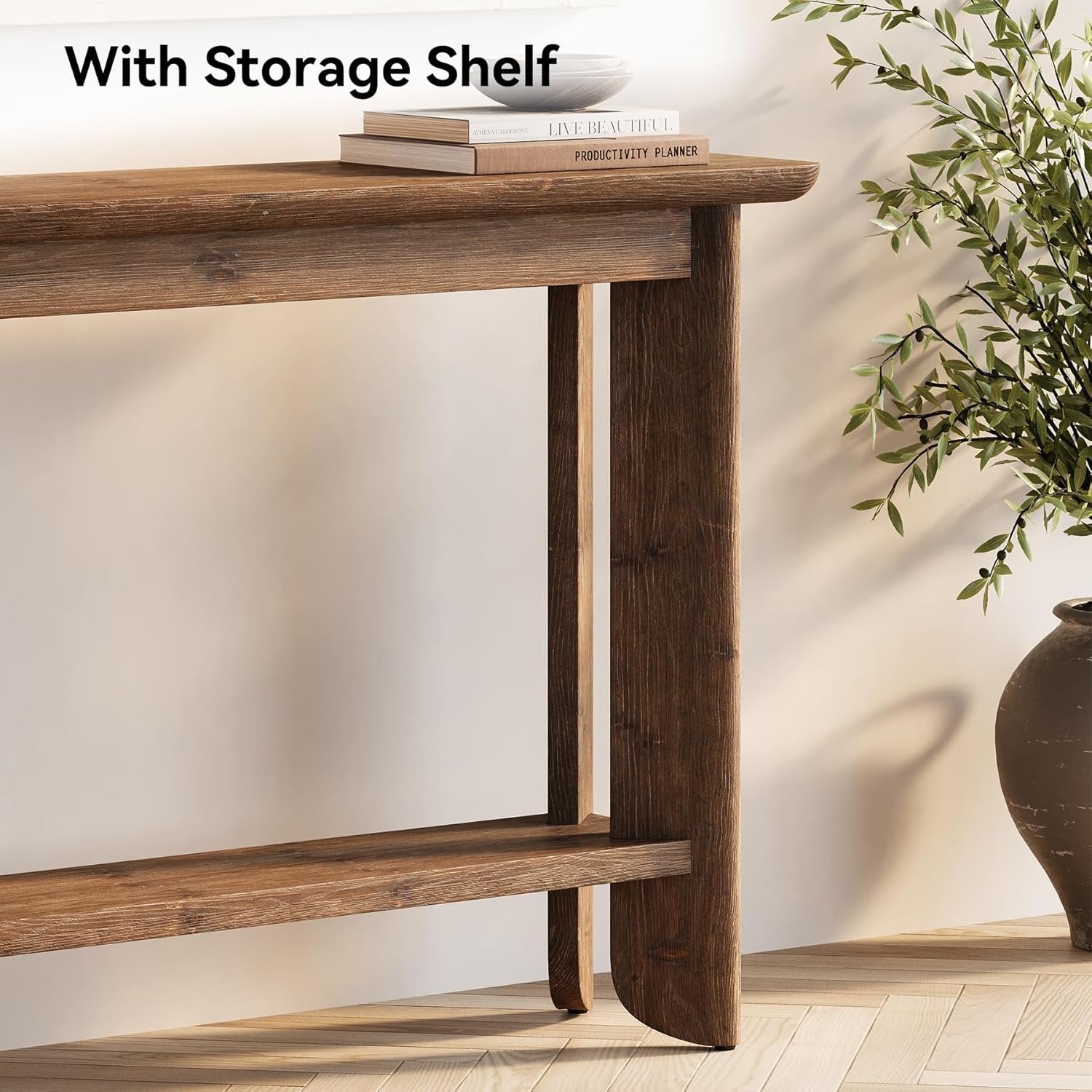 Console de 105 cm avec rangement, Table d'appoint style ferme à 2 niveaux pour salon, couloir et entrée