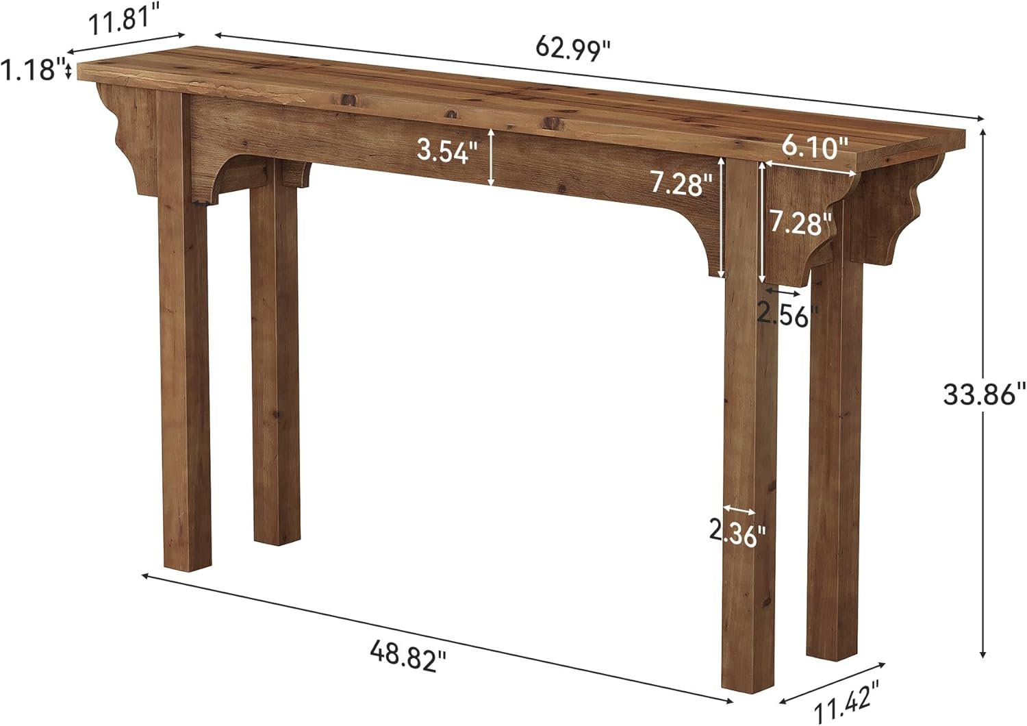 Console en bois massif au design latéral unique, Table d'entrée rustique pour salon, couloir ou hall d'entrée