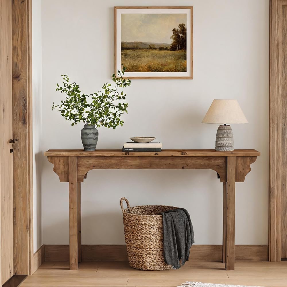 Console en bois massif au design latéral unique, Table d'entrée rustique pour salon, couloir ou hall d'entrée