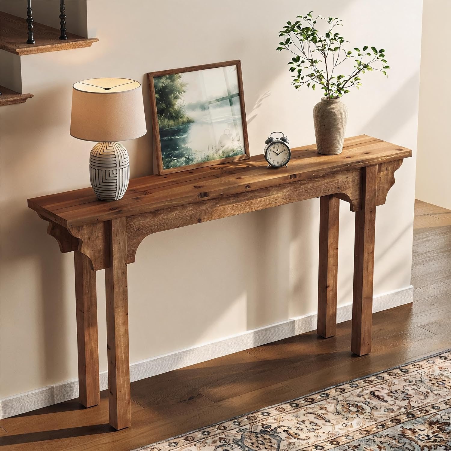 Console en bois massif au design latéral unique, Table d'entrée rustique pour salon, couloir ou hall d'entrée