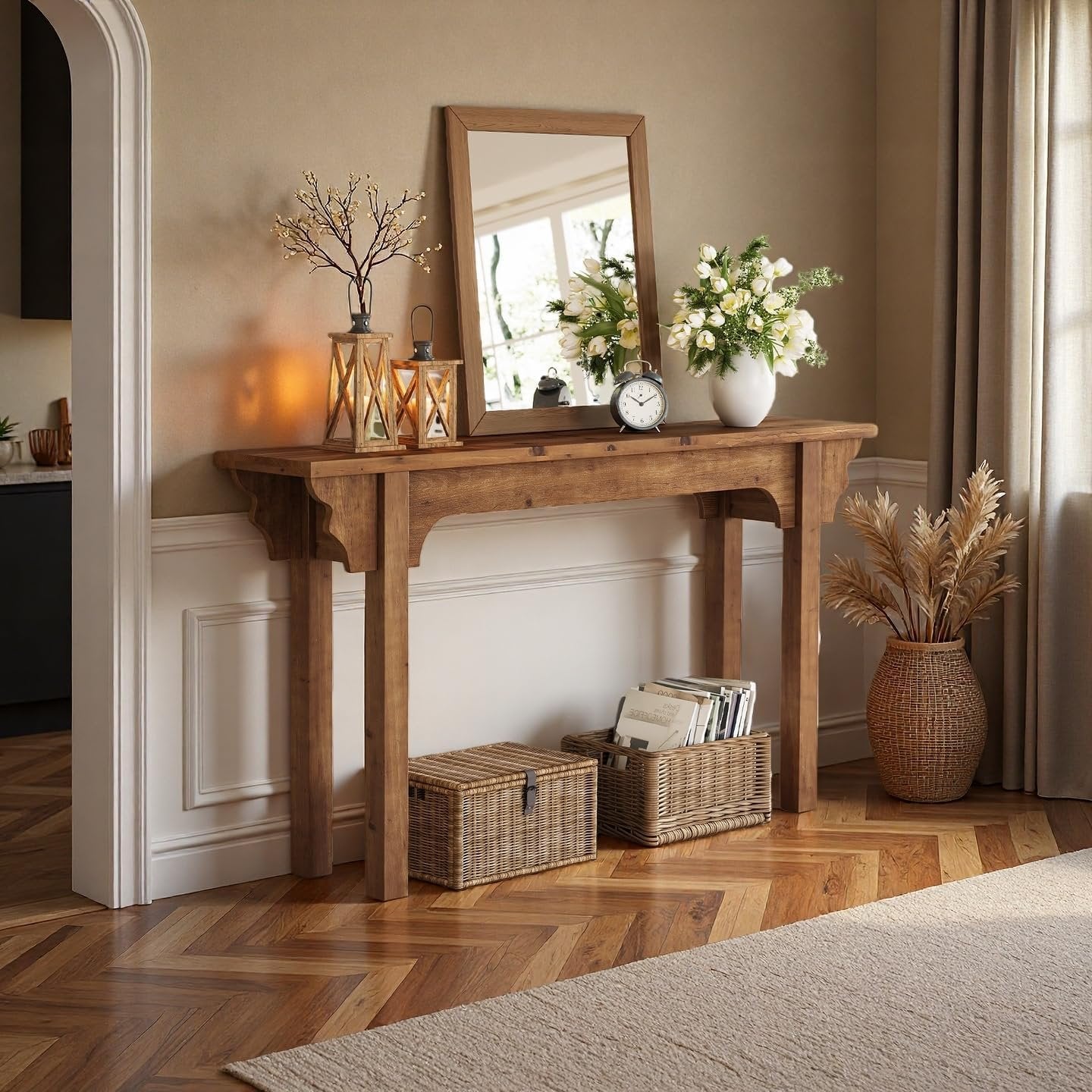 Console en bois massif au design latéral unique, Table d'entrée rustique pour salon, couloir ou hall d'entrée