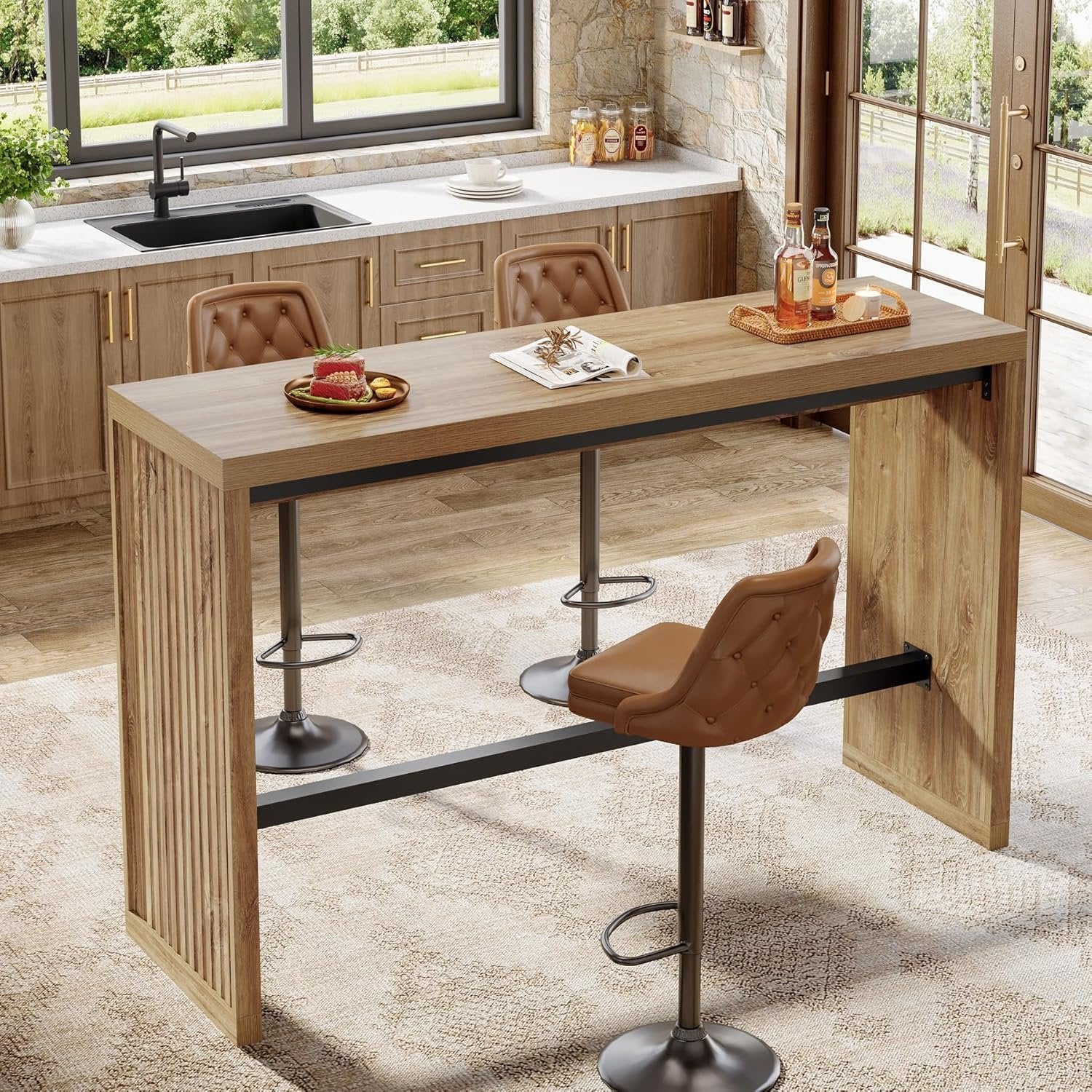 Tribesigns Table de bar hauteur comptoir 140 cm, Table de pub avec repose-pieds en métal