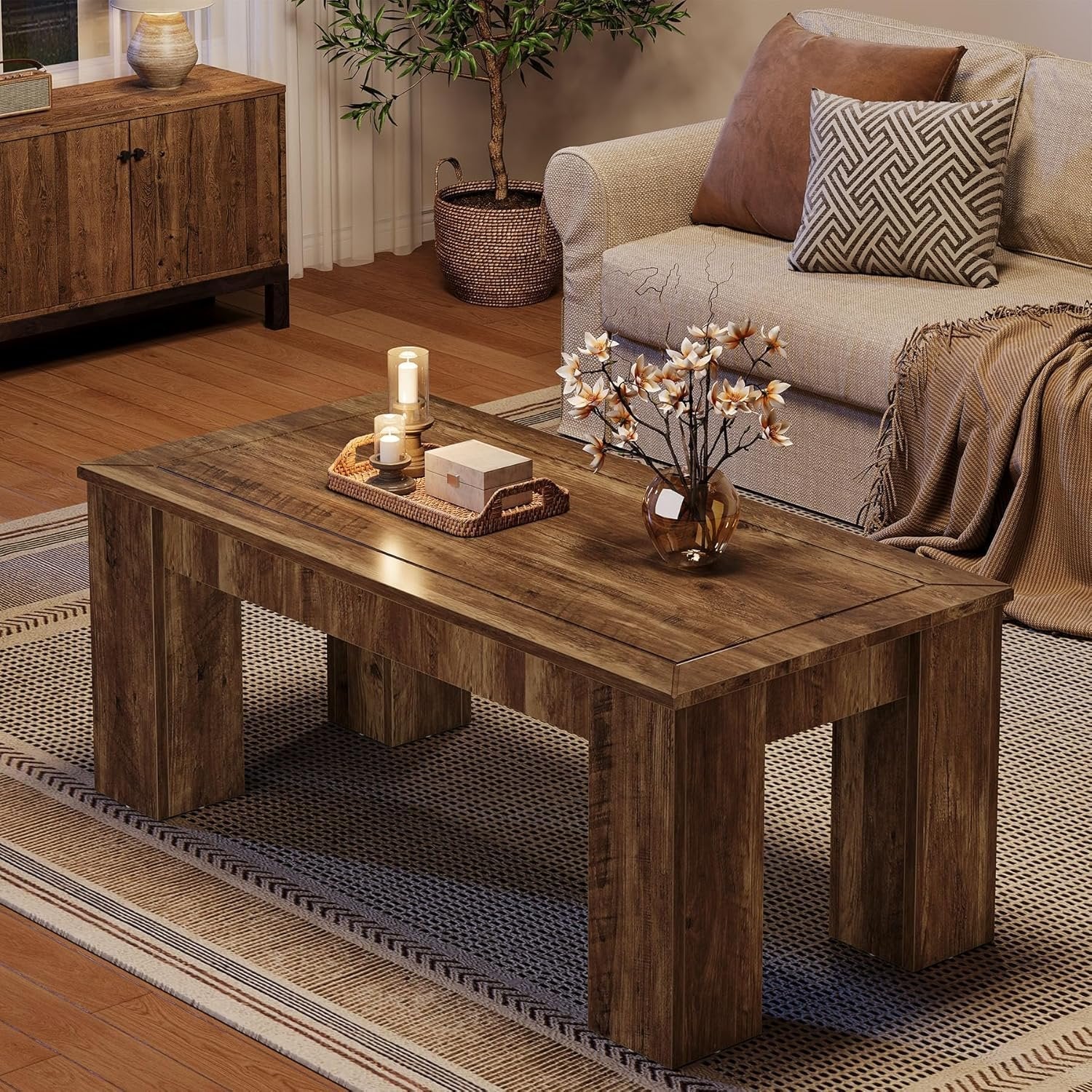 Tribesigns Table basse rectangulaire pour le salon 120 cm, Style rustique en bois avec pieds robustes