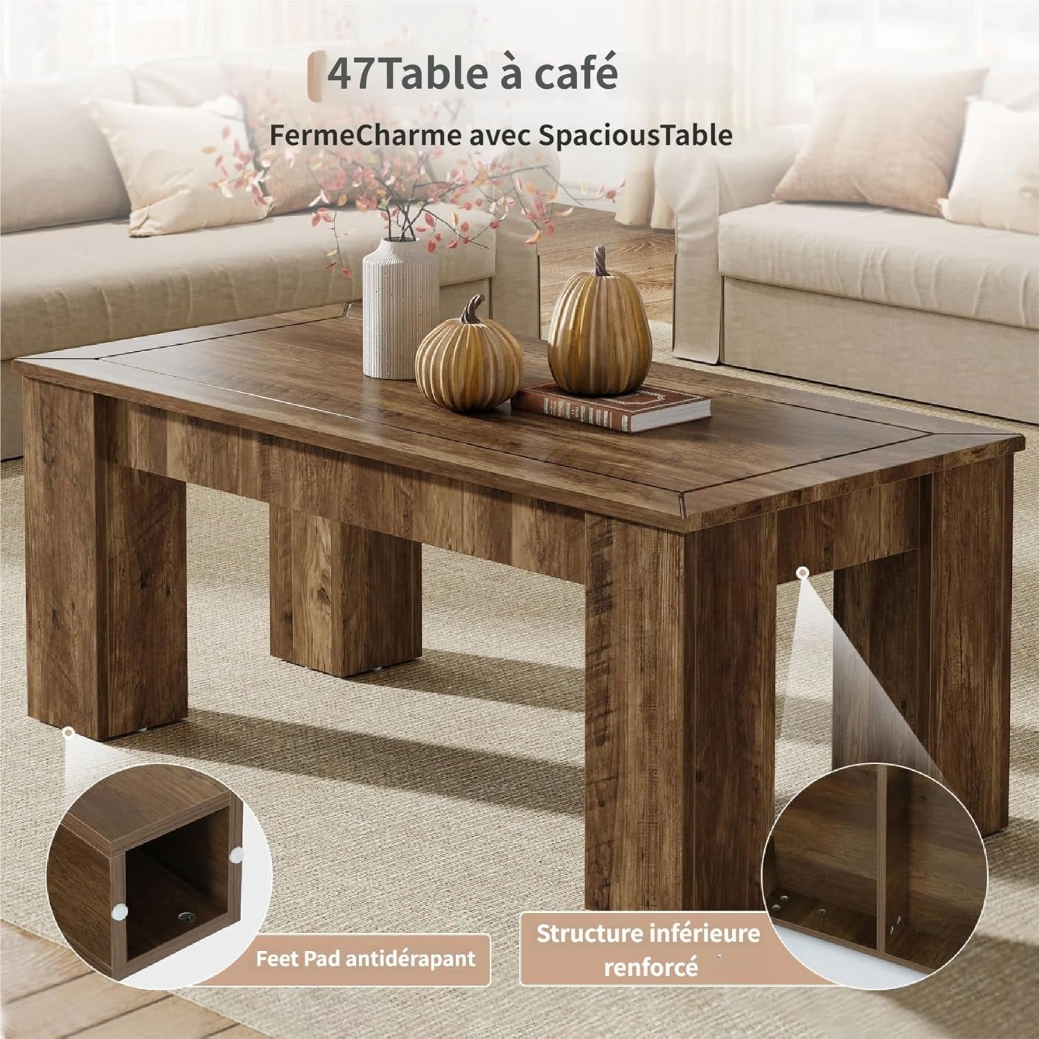 Tribesigns Table basse rectangulaire pour le salon 120 cm, Style rustique en bois avec pieds robustes