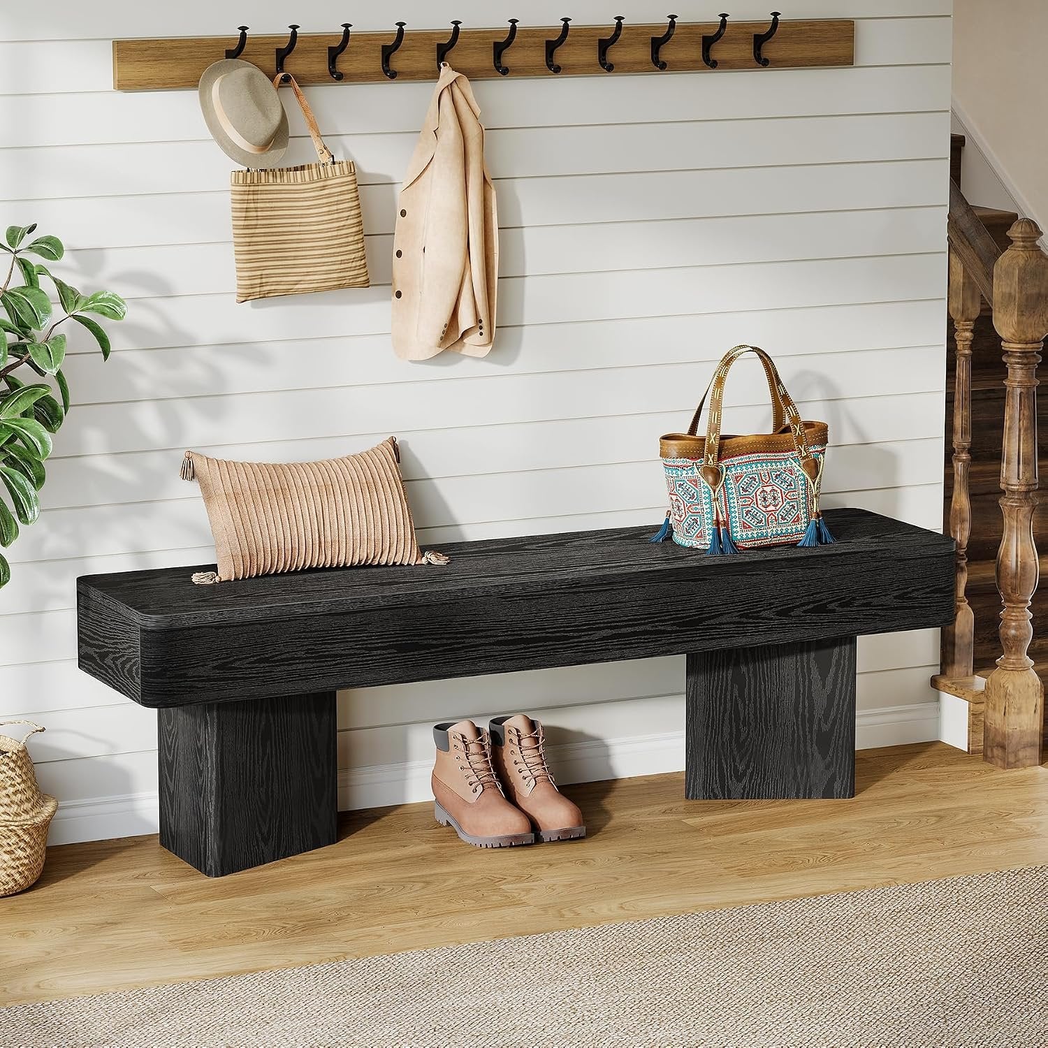 Tribesigns Banc d'entrée noir 120 cm, Banc moderne avec structure prismatique robuste, établi en bois