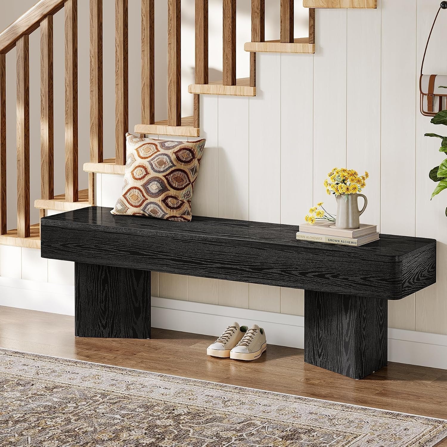 Tribesigns Banc d'entrée noir 120 cm, Banc moderne avec structure prismatique robuste, établi en bois