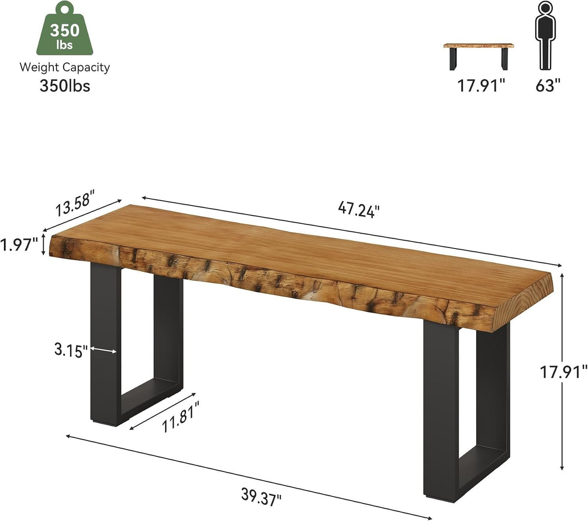 Tribesigns Banc 120 cm en bois massif, Banc d'entrée avec pieds en métal banc à chaussures pour couloir