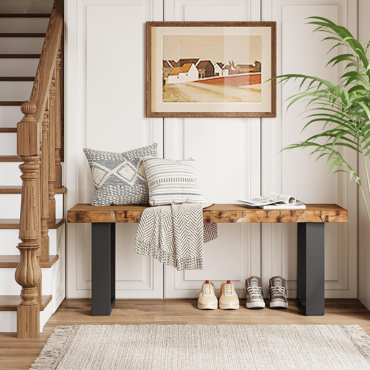 Tribesigns Banc 120 cm en bois massif, Banc d'entrée avec pieds en métal banc à chaussures pour couloir