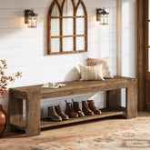 Banc d'entrée en bois massif avec étagère 140 cm, Banc à chaussures à 2 niveaux, idéal pour l'entrée, le couloir, la chambre ou le salon 3