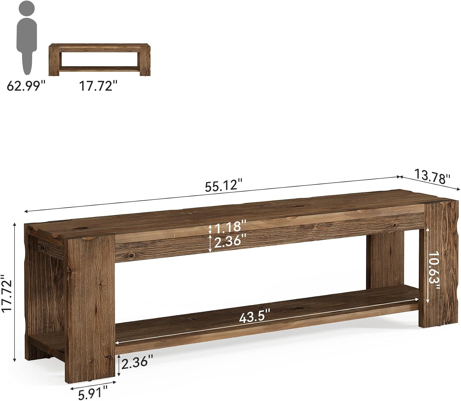 Banc d'entrée en bois massif avec étagère 140 cm, Banc à chaussures à 2 niveaux, idéal pour l'entrée, le couloir, la chambre ou le salon