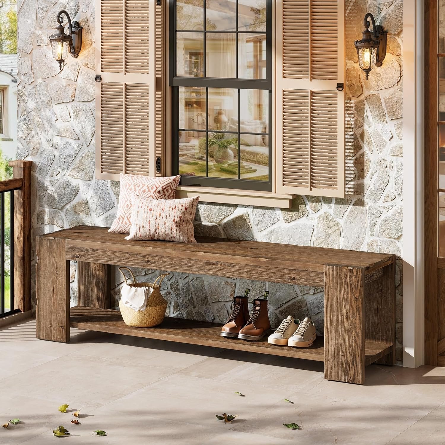 Banc d'entrée en bois massif avec étagère 140 cm, Banc à chaussures à 2 niveaux, idéal pour l'entrée, le couloir, la chambre ou le salon
