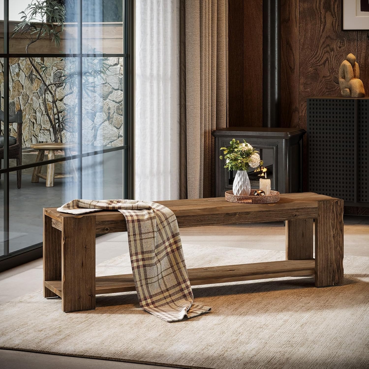 Banc d'entrée en bois massif avec étagère 140 cm, Banc à chaussures à 2 niveaux, idéal pour l'entrée, le couloir, la chambre ou le salon
